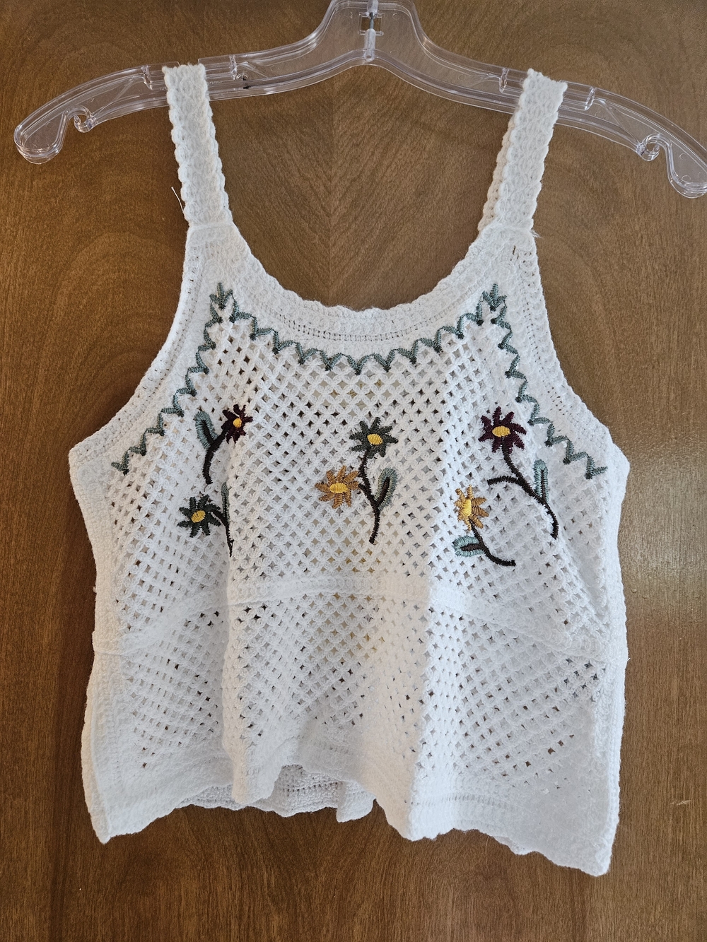 Rebellion White Crochet Tank Top with Embroidered Flowers
